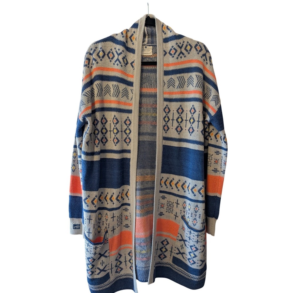 Stampin' Up! Women Cardigan XL Blue Orange Geometric Open Front Longline Sweater